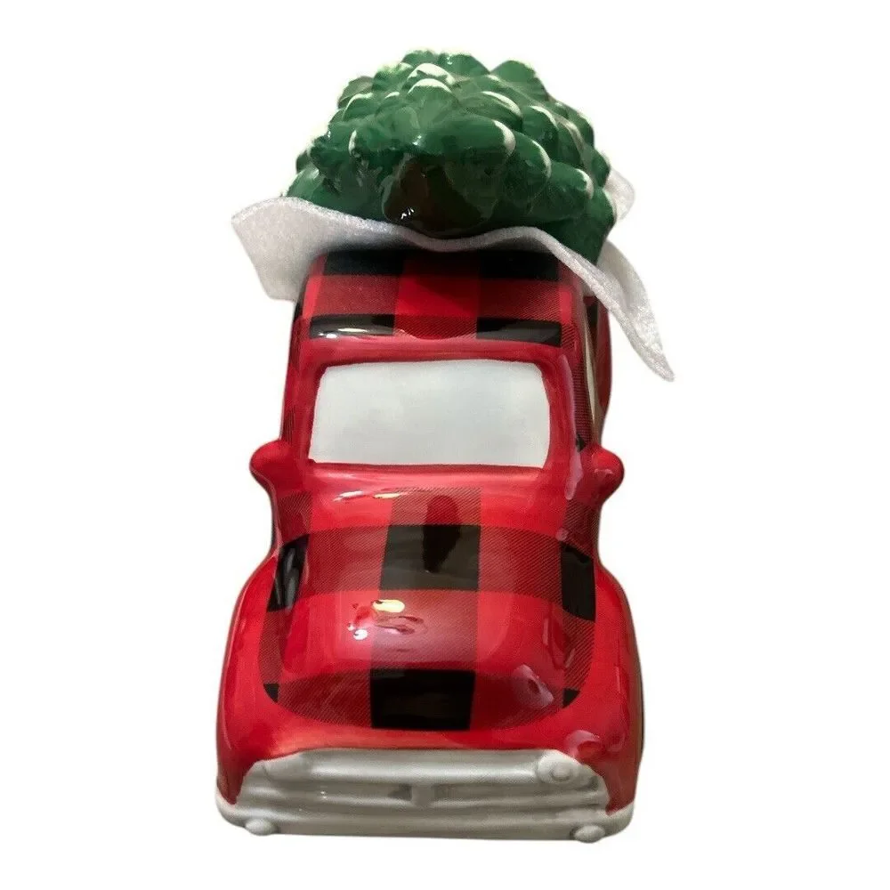 Red &‎ Black Plaid Ceramic Pickup Truck Christmas Tree Cookie Jar